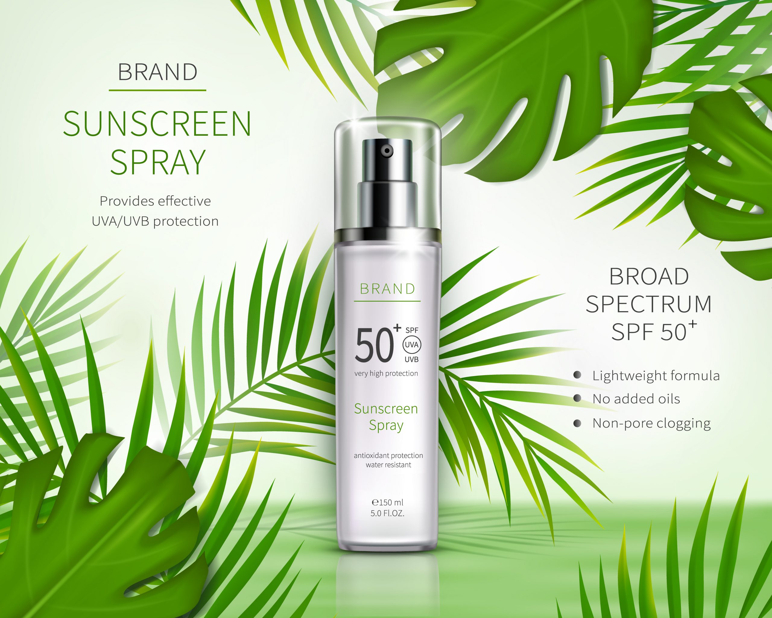 Sun protection cosmetic vector realistic ads poster. White plastic spray bottle with sunscreen product and bright green tropical leaves on glossy background. Spf cosmetics, mock up for magazine